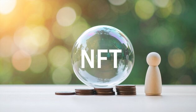 A creative depiction of NFT concept with bubble and coins and a wooden figure