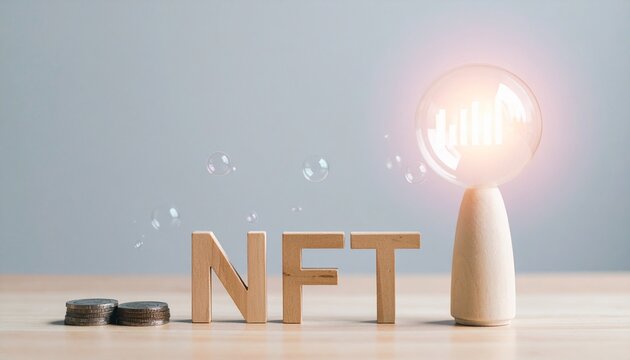NFT concept with glowing bulb on wooden desk. Representing the concept of Non-Fungible Token - Powered by Adobe