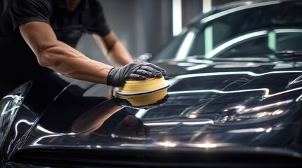 Close-up of a person's gloved hands applying polish to a shiny black car hood.