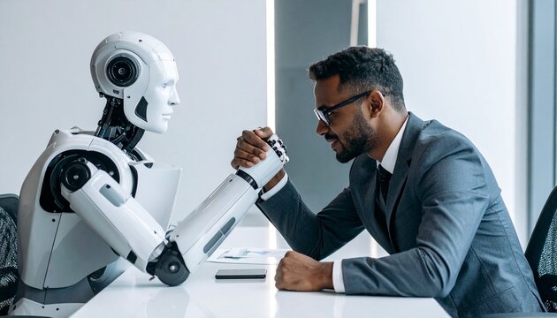 A human arm wrestling with a robot, symbolizing the intersection of human and artificial intelligence