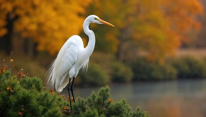 Elegant great white egret stands on green shrub with autumn leaves. Serene nature scenery, white bird with long neck, yellow beak against lake, fall season.