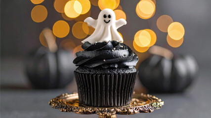 ハロウィン　おばけが飾ってある黒いカップケーキ © nana77777
