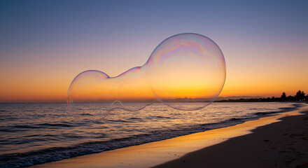 A spectacular giant bubble creates iridescent waves in the air against a sunset sky at a beach, offering a surreal visual experience.