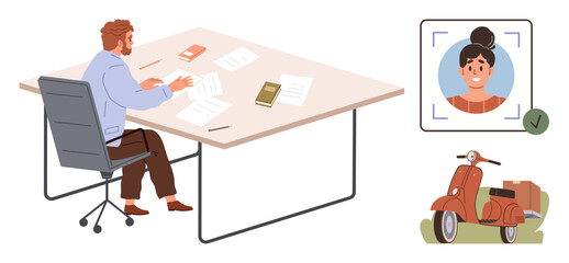 Man seated at desk organizing papers and documents, approved portrait displayed. Red scooter in foreground. Ideal for job application, identification, profiles, approval, delivery, office tasks