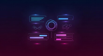 Futuristic digital interface with glowing progress bars and data analytics in a dark, high-tech environment