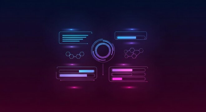 Futuristic digital interface with glowing progress bars and data analytics in a dark, high-tech environment