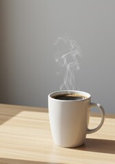 Steaming Cup Of Black Coffee On Wooden Table In Sunlight