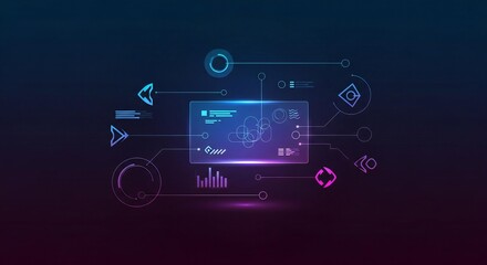 Dynamic digital interface showcasing data analytics and global connectivity with vibrant neon lines and futuristic elements