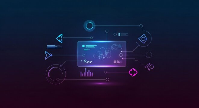 Dynamic digital interface showcasing data analytics and global connectivity with vibrant neon lines and futuristic elements