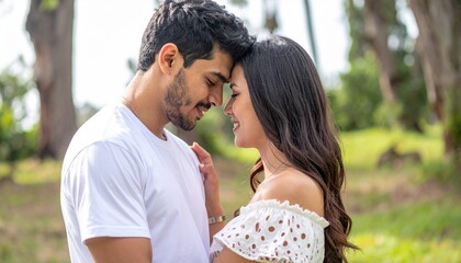 Fototapeta premium A loving couple shares a tender moment outdoors in the park