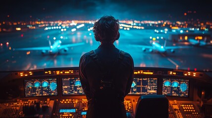 Inside a control tower, a dispatcher oversees flight operations, highlighting the critical role of monitoring and coordination in aviation.