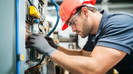 Electrician worker wearing safety helmet and protective glasses fixing wiring electrical panel with gloves industrial maintenance and repair setting technician man occupation industry power control