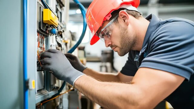 Electrician worker wearing safety helmet and protective glasses fixing wiring electrical panel with gloves industrial maintenance and repair setting technician man occupation industry power control