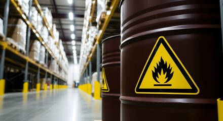 Brown barrels with flammable warning symbols stand in a warehouse setting, emphasizing workplace safety.