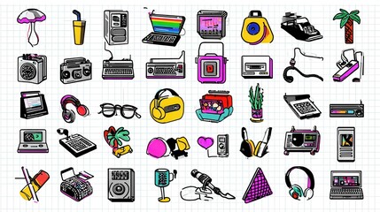 Collection of retro electronic devices and accessories in vibrant colors.