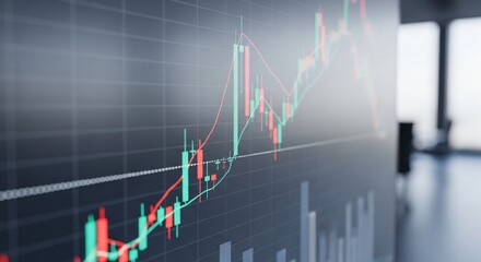 Dynamic financial candlestick chart on a digital screen displaying market trends and data analysis.