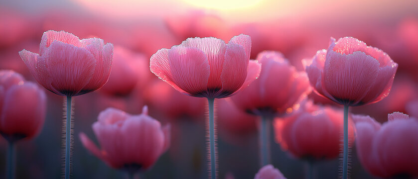 AI generator image of Red poppy flowers in a field background. Vibrant poppy cluster glowing in ethereal sunlight, Red , pink Area flowers in a meadow with sunset , Natural landscape with blooming 