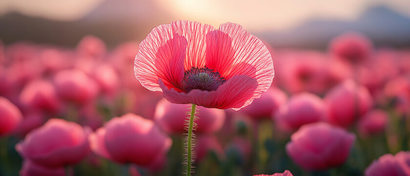 AI generator image of Red poppy flowers in a field background. Vibrant poppy cluster glowing in ethereal sunlight, Red , pink Area flowers in a meadow with sunset , Natural landscape with blooming  - Powered by Adobe