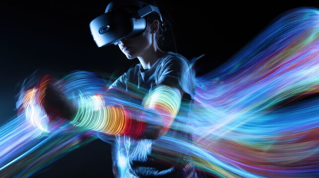 Person wearing VR headset and controllers, experiencing a vibrant virtual reality environment with colorful light trails. - Powered by Adobe