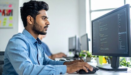 A focused individual working on a computer at his office desk