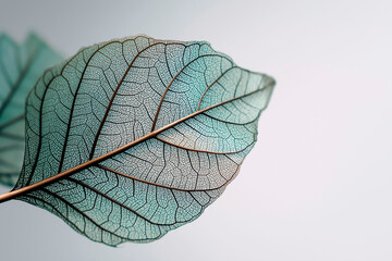 Obraz premium Delicate transparent leaf with visible veins in soft teal tones on a light neutral background