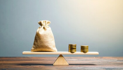A visual representation of financial balance, featuring a money bag on a scale weighing against stacks of coins. It visually depicts the concept of financial equilibrium and management