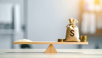 Money and grain balanced on a wooden seesaw, representing financial concepts