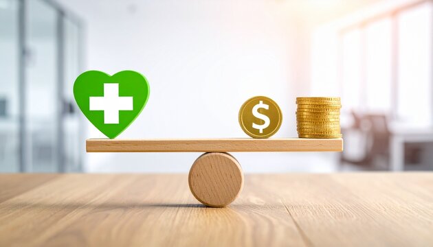 Conceptual image representing the balance between health and finances, with a green heart and dollar coins on a wooden scale