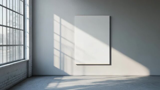 Blank canvas on gray wall with sunlight casting window shadows in empty minimalist room creating calm peaceful interior atmosphere for creative inspiration and natural light