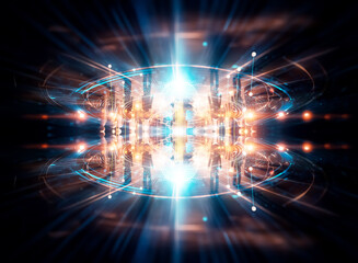 Obraz premium Abstract sci-fi background featuring a bright, dynamic display of light and energy. Futuristic and technological, with glowing elements and circular patterns on a dark backdrop.