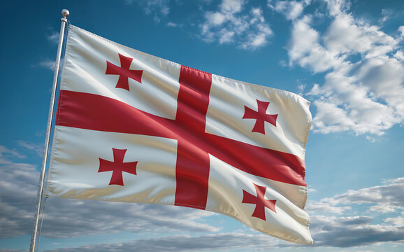 A photograph of the flag of Georgia, waving gently in a clear blue sky. The flag’s four equal, white-bordered crimson crosses are vividly displayed against a deep burgundy background. Sunlight illumin