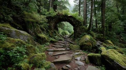 Lush forest path with mossy archway