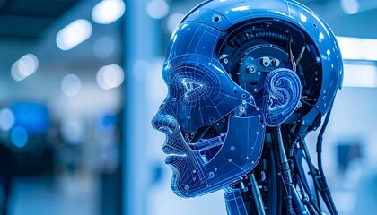 A close-up shot of a robotic head in a futuristic setting, emphasizing artificial intelligence and technological innovation