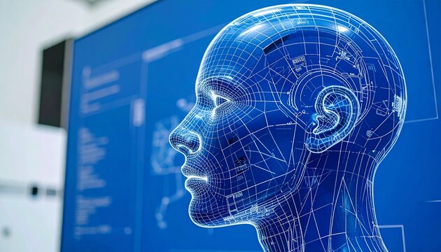 A blueprint design of a head and a screen