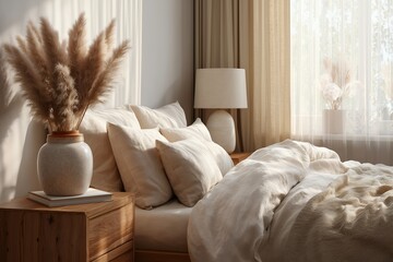 Cozy Interior with Neutral Bedding and Soft Natural Light