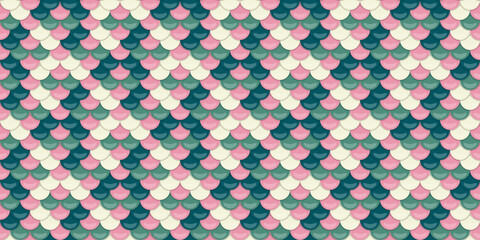 Elegant seamless pattern featuring pastel pink, teal, and cream scales.  Perfect for textile design, website backgrounds, or whimsical branding.