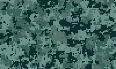 Abstract digital camouflage pattern. Seamless texture in dark teal and green shades. Ideal for military, gaming, fashion, or textile design backgrounds, creating a sense of mystery and concealment.