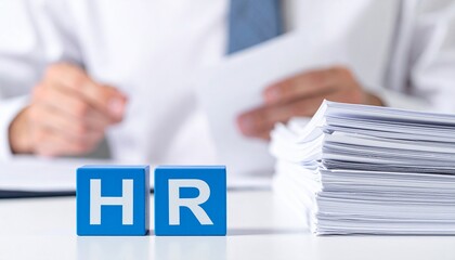 HR manager carefully reviewing documents in a professional setting, with a focus on the HR blocks and a stack of papers.
