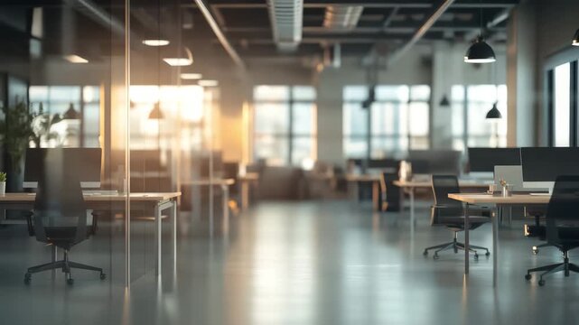 Modern office interior featuring empty desks and chairs with warm sunlight streaming through large windows, creating calm and inviting workspace filled with natural light and spacious desk areas