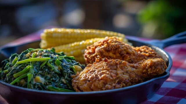 Savor the perfect Southern meal with crispy fried chicken, creamy saut&eacute;ed greens, golden cornbread, and juicy corn cobs.