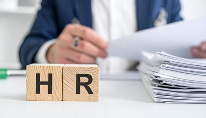 The HR abbreviation, is in the foreground. A person is in the background, working on documents, representing human resources activities in the workplace