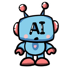 Cute hand drawn robot character with AI text on head, antennas, and heart detail, in simple flat style on transparent background