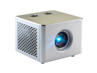 Portable mini cube projector isolated on transparent background, a modern multimedia device for home theater and digital presentations with led light source