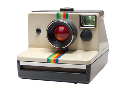 Retro instant camera with rainbow stripes isolated on transparent background, capturing nostalgic memories and vintage style in a classic photographic device