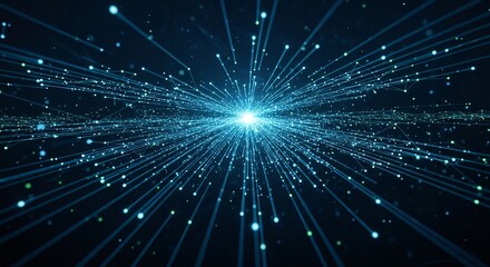 Obraz premium Abstract digital network with radiating blue light and connected particles symbolizing data flow.
