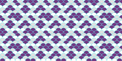 Elegant seamless pattern of overlapping scales in purple, white, and light teal.  Perfect for textile design, website backgrounds, or decorative prints.