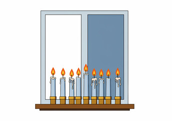 Menorah with lit candles placed in window during Hanukkah  