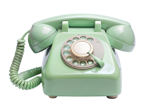 Vintage green rotary telephone isolated on transparent background, a classic communication device from the past with a retro design and a dial