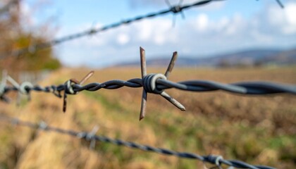 Close-up view of barbed wire in a field with a blurred background, evoking a sense of security and boundaries. The sharp barbs glint subtly in the natural light