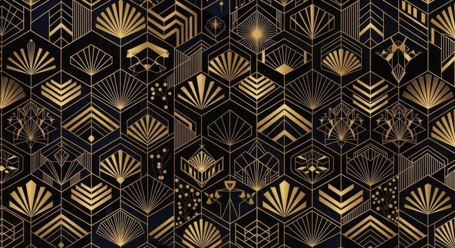 Glamorous Gatsby Era Golden Opulence Geometric Abstract Seamless Pattern